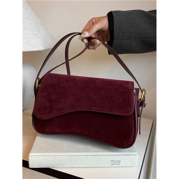 Wine Red Suede PU Material Handbag, Armpit Bag, Handbag, Makeup - Picture 1 of 8